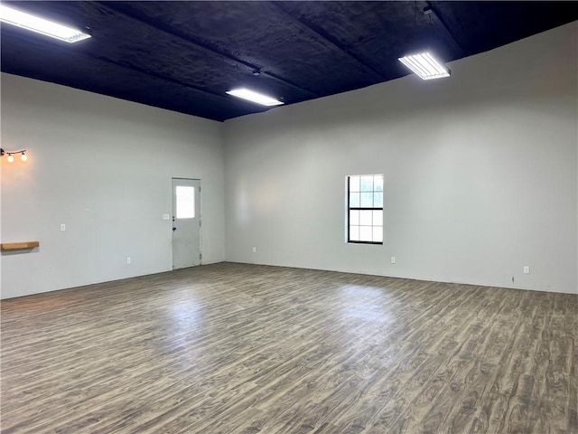 empty room with wood-type flooring, a high ceiling, and a wealth of natural light