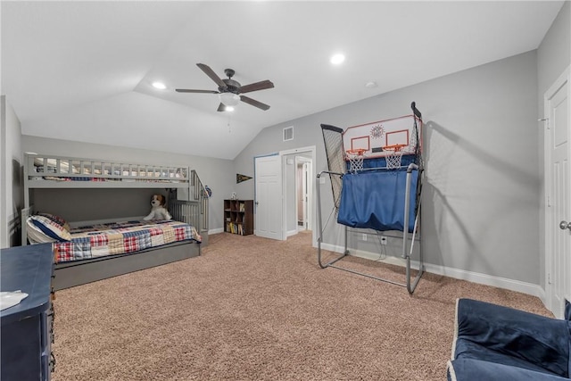 carpeted bedroom featuring recessed lighting, a ceiling fan, visible vents, vaulted ceiling, and baseboards