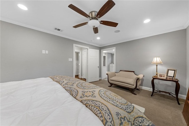 bedroom featuring recessed lighting, carpet flooring, visible vents, baseboards, and crown molding