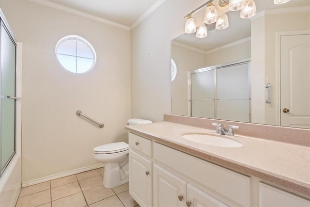 full bathroom featuring vanity, ornamental molding, tile patterned flooring, and toilet