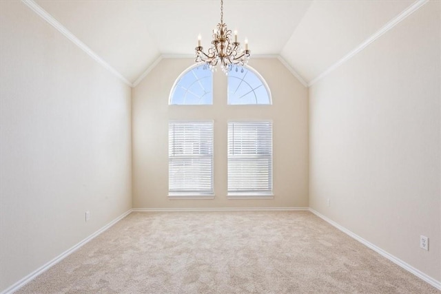 unfurnished room with crown molding, lofted ceiling, light colored carpet, and a notable chandelier