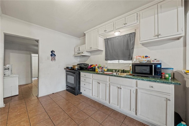 kitchen featuring white cabinets, crown molding, sink, electric range, and light tile patterned flooring