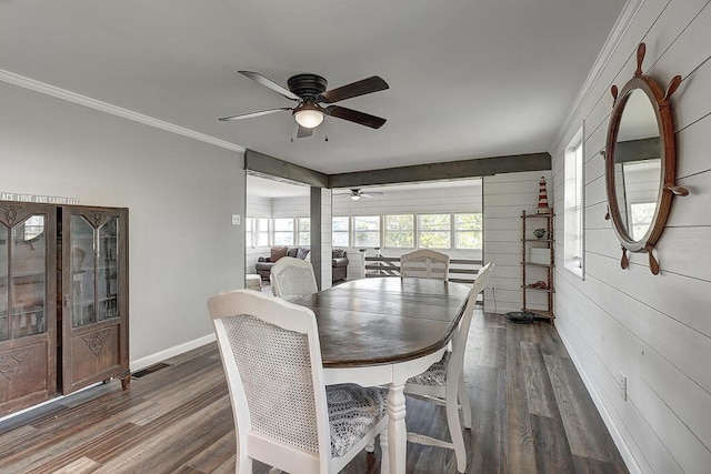 dining space with dark hardwood / wood-style floors, wood walls, ornamental molding, and ceiling fan