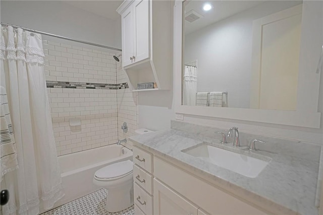 full bathroom with toilet, tile patterned flooring, shower / bathtub combination with curtain, and vanity