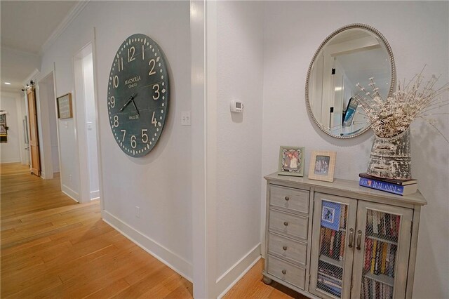 hallway featuring crown molding and light wood-type flooring