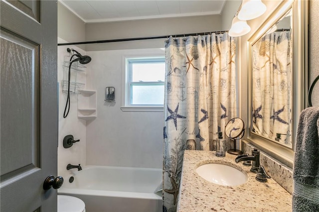 full bathroom with shower / bath combo, vanity, toilet, and ornamental molding