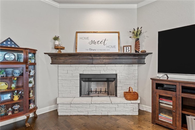 living room with baseboards, a stone fireplace, wood finished floors, and crown molding