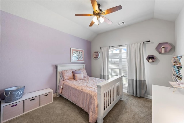 carpeted bedroom featuring visible vents, baseboards, a ceiling fan, and vaulted ceiling