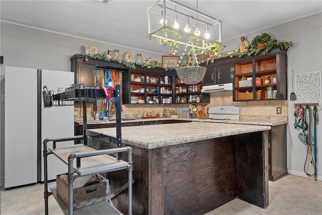 kitchen with decorative light fixtures, dark brown cabinetry, white appliances, and crown molding