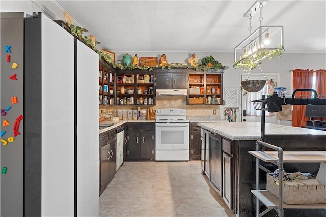 kitchen featuring dark brown cabinetry, electric range, pendant lighting, a textured ceiling, and decorative backsplash