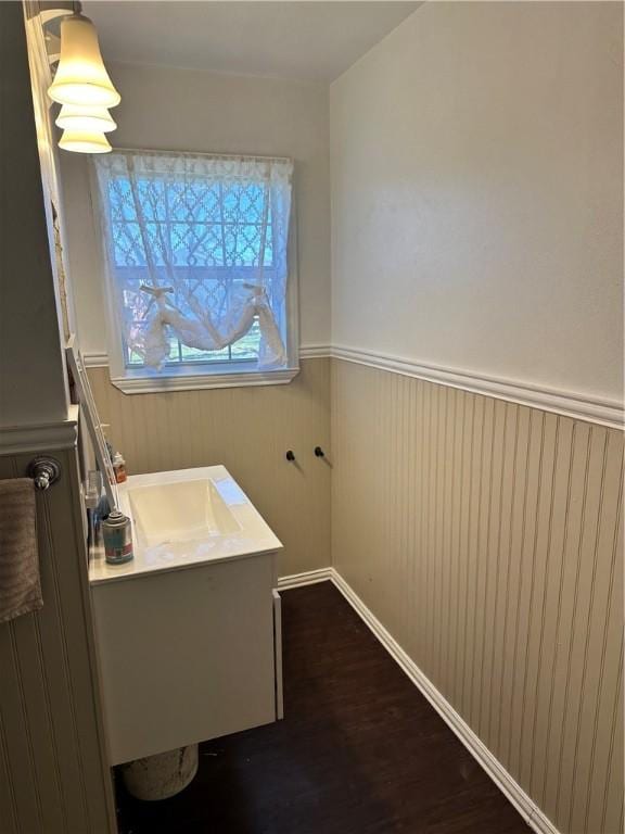 bathroom with vanity and wood-type flooring