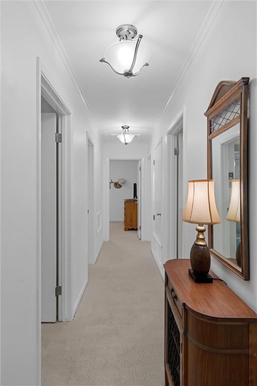 hall featuring ornamental molding and light carpet