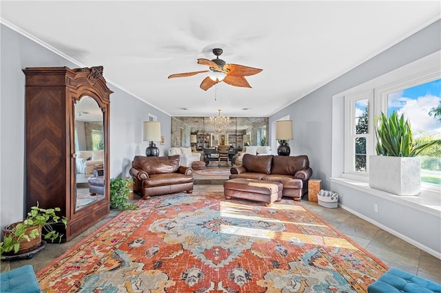 tiled living room with ceiling fan and ornamental molding