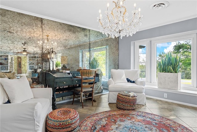 living room with tile patterned flooring, plenty of natural light, crown molding, and a notable chandelier