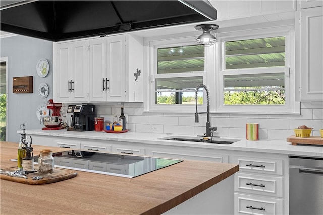 kitchen with decorative backsplash, white cabinetry, sink, and stainless steel dishwasher