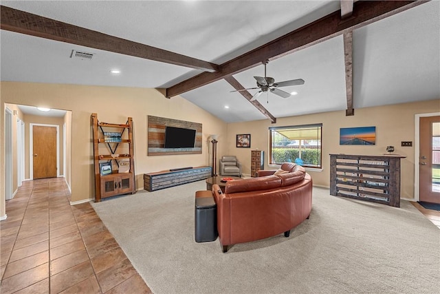 living room featuring light tile patterned floors, lofted ceiling with beams, and ceiling fan