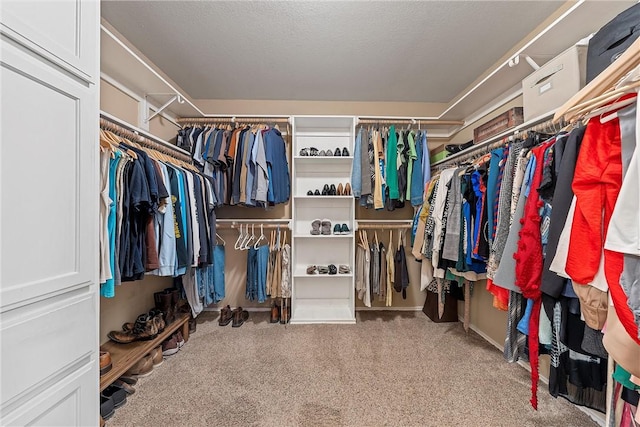 walk in closet featuring light colored carpet