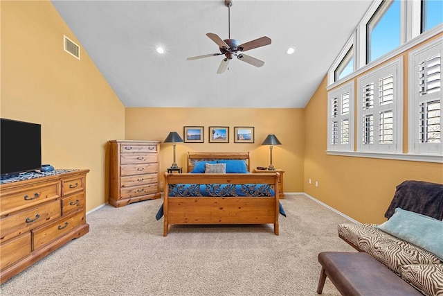 carpeted bedroom featuring high vaulted ceiling and ceiling fan