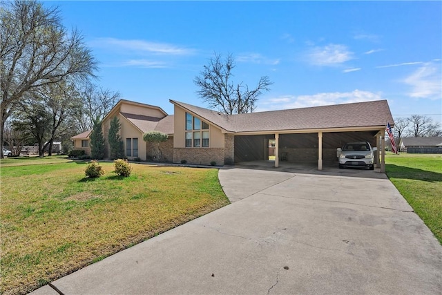 ranch-style home with a front yard and a carport