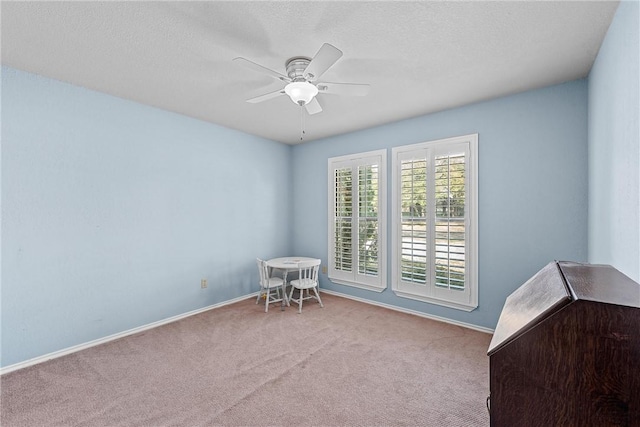 carpeted spare room with ceiling fan and a textured ceiling