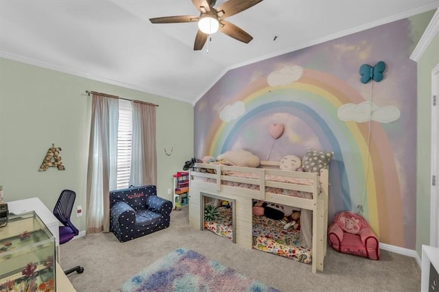 bedroom with ceiling fan, crown molding, carpet floors, and vaulted ceiling