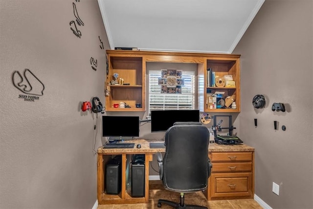 tiled office with ornamental molding