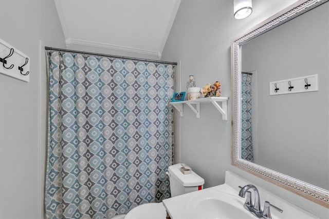 bathroom with vanity, toilet, and ornamental molding