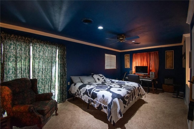 bedroom featuring a ceiling fan, light carpet, and crown molding