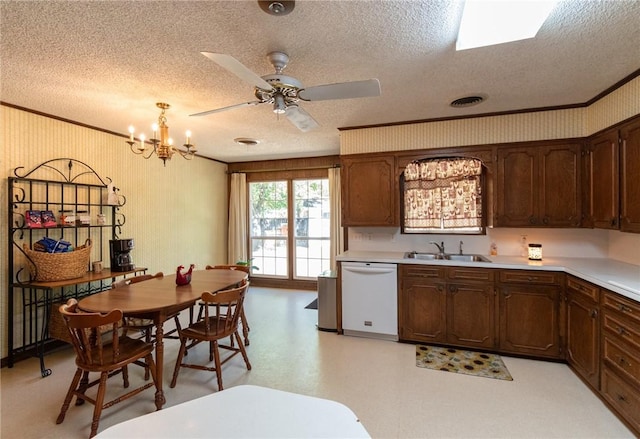 kitchen with visible vents, white dishwasher, light countertops, light floors, and a sink