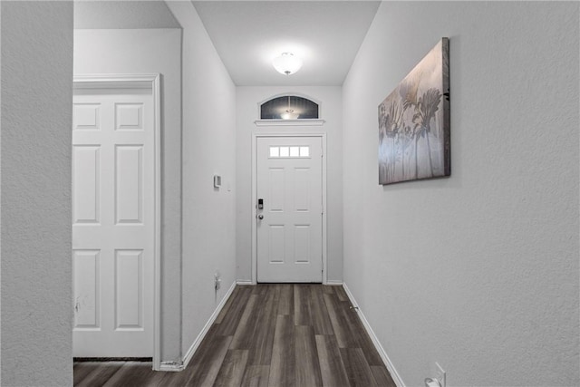 entryway with dark wood-type flooring and baseboards