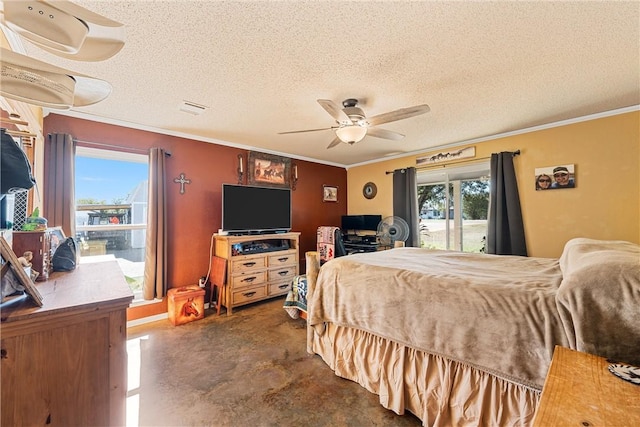 bedroom featuring ceiling fan, ornamental molding, a textured ceiling, and multiple windows