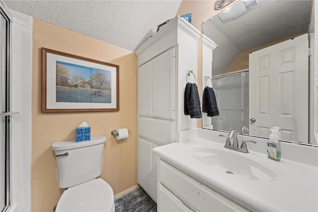 bathroom with walk in shower, a textured ceiling, toilet, vaulted ceiling, and vanity