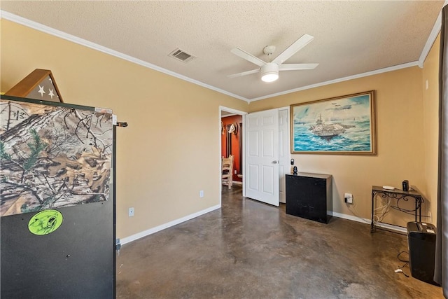 bedroom featuring a textured ceiling, ceiling fan, and ornamental molding