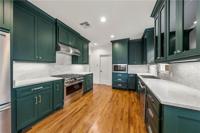 kitchen featuring sink, green cabinetry, decorative backsplash, light wood-type flooring, and appliances with stainless steel finishes