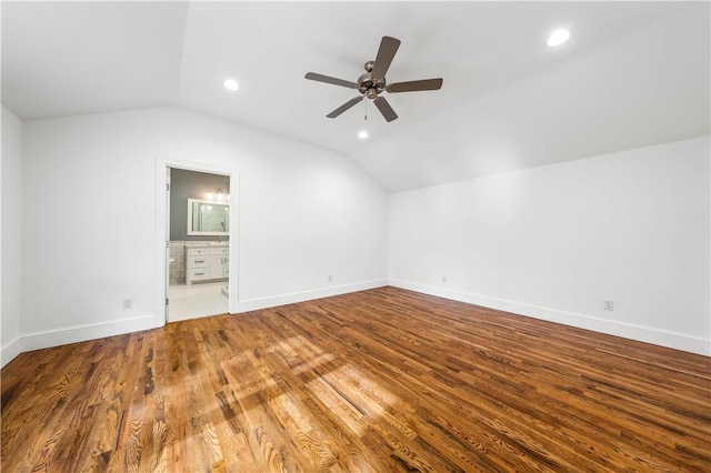 bonus room with hardwood / wood-style floors, ceiling fan, and lofted ceiling