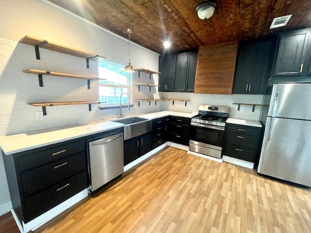 kitchen with visible vents, wooden ceiling, appliances with stainless steel finishes, open shelves, and a sink