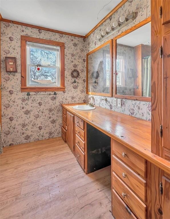 bathroom with hardwood / wood-style flooring, vanity, and ornamental molding