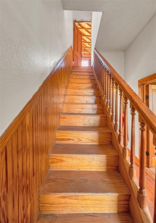 stairway with hardwood / wood-style floors