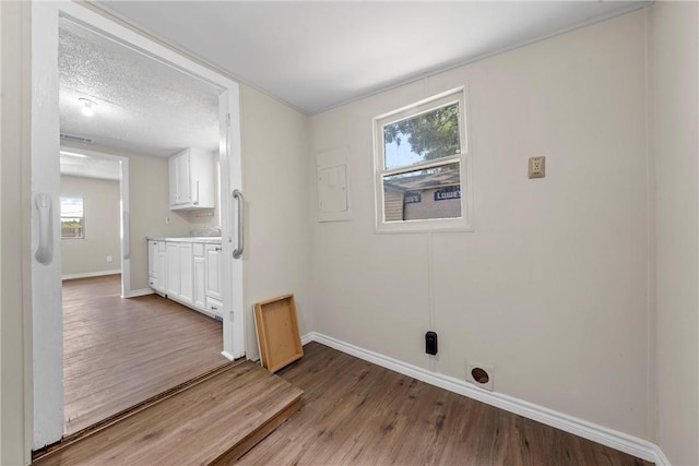 washroom featuring hookup for an electric dryer, a healthy amount of sunlight, a textured ceiling, and hardwood / wood-style flooring