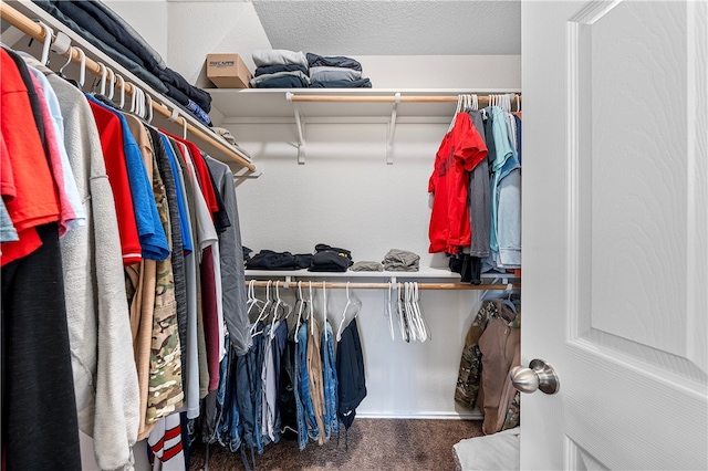 walk in closet featuring dark colored carpet