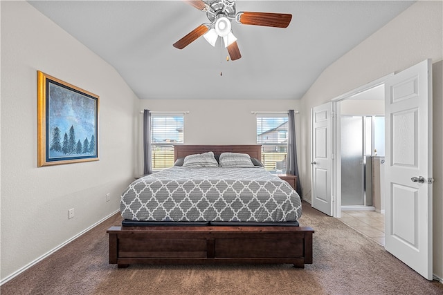 carpeted bedroom featuring ceiling fan and lofted ceiling