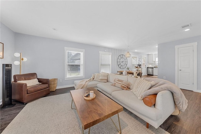 living room with dark hardwood / wood-style floors