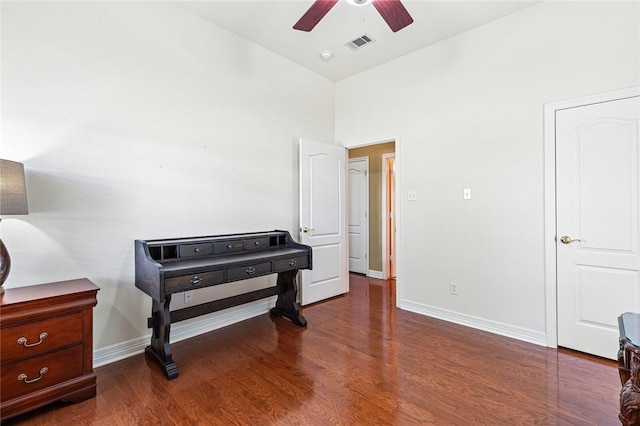 misc room featuring dark hardwood / wood-style flooring, high vaulted ceiling, and ceiling fan