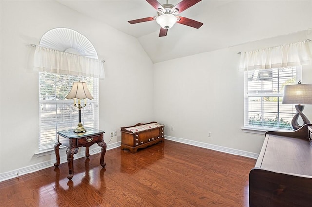 interior space with hardwood / wood-style floors, ceiling fan, and lofted ceiling