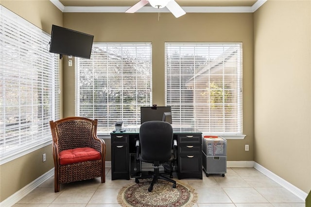 tiled office space with crown molding and ceiling fan