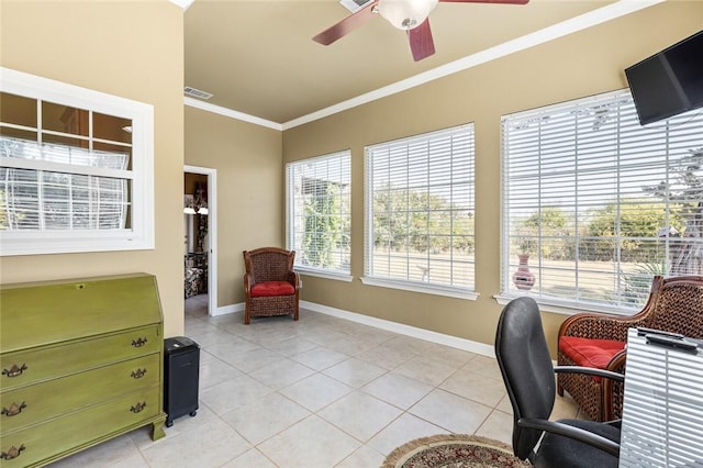 office area with light tile patterned floors, ceiling fan, and crown molding