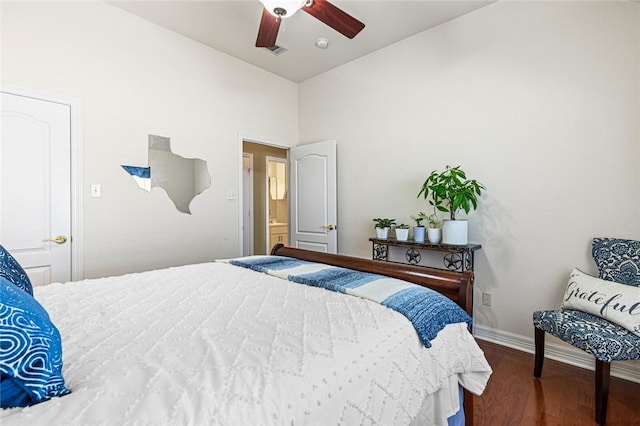 bedroom with wood-type flooring and ceiling fan