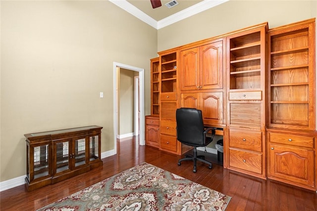 office space with ceiling fan, dark hardwood / wood-style flooring, a towering ceiling, and crown molding