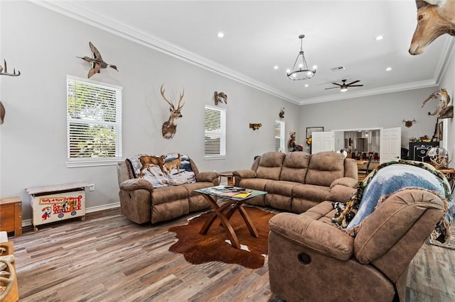 living room featuring wood-type flooring, ceiling fan with notable chandelier, and crown molding