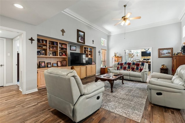 living room with ceiling fan, ornamental molding, and hardwood / wood-style floors